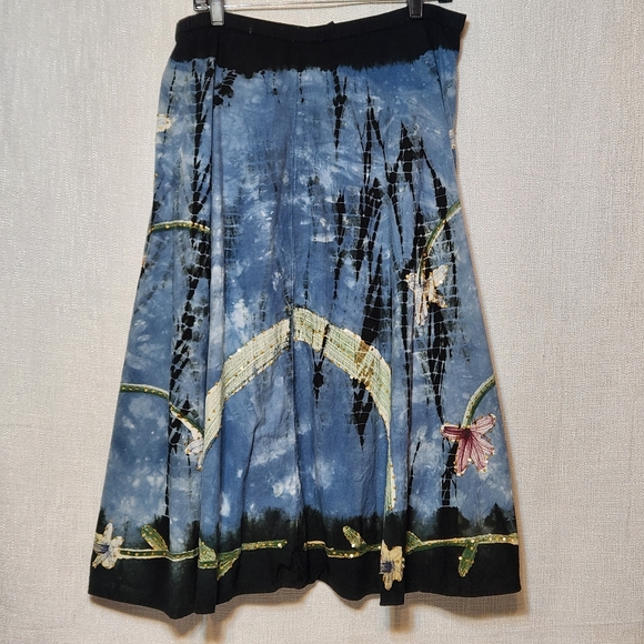 FORBIDDEN FLARED FLORAL SKIRT  Blue Black Gold Sequins Size L Cotton - Picture 1 of 8